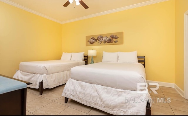 bedroom with light tile patterned floors, a ceiling fan, baseboards, and ornamental molding