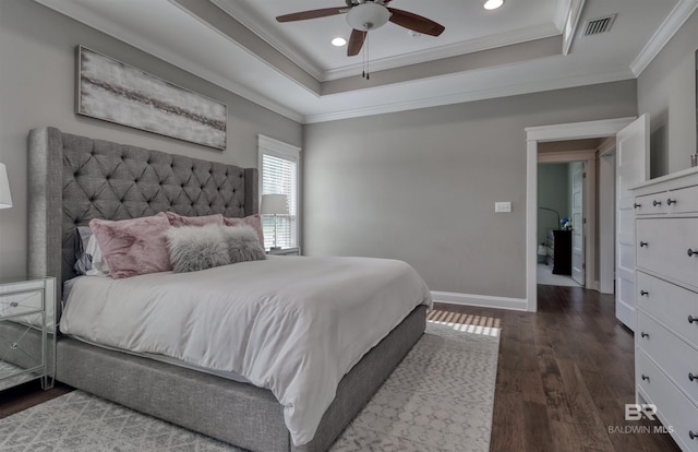 12708 Ibis Blvd, Spanish Fort, AL 36527 - bedroom featuring dark wood-style floors, ornamental molding, a raised ceiling, recessed lighting, and baseboards