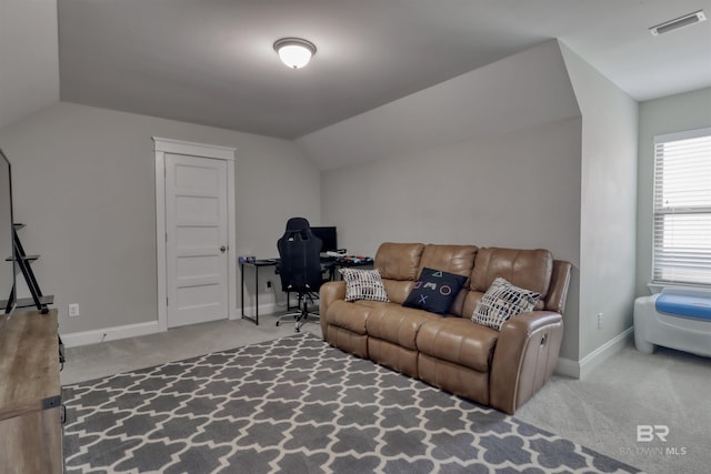 12708 Ibis Blvd, Spanish Fort, AL 36527 - living room featuring carpet, vaulted ceiling, baseboards, and an office area
