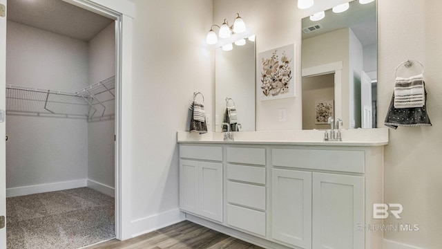 bathroom featuring hardwood / wood-style flooring and vanity