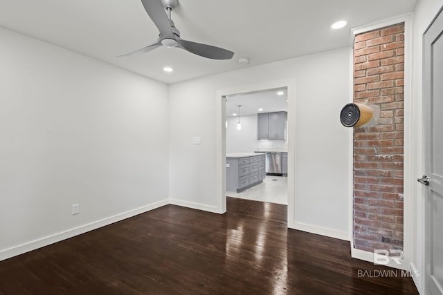 unfurnished room with baseboards, ceiling fan, recessed lighting, and wood finished floors