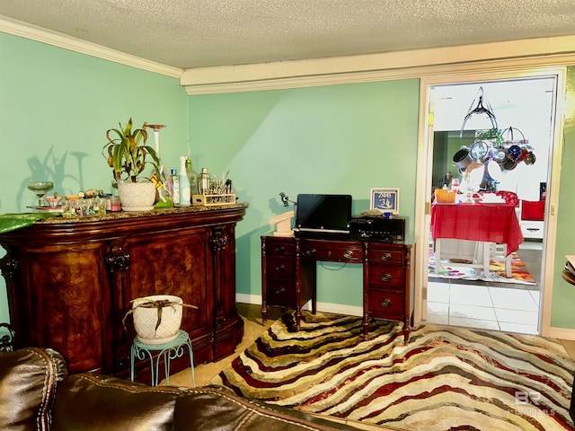tiled home office with crown molding, a textured ceiling, and baseboards