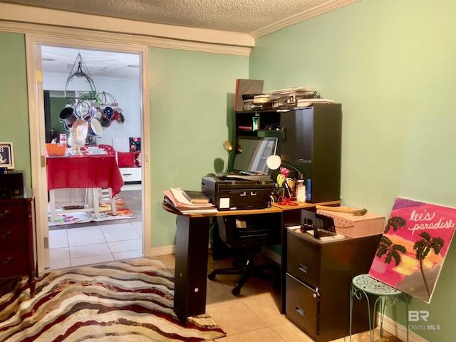 tiled office with crown molding and a textured ceiling