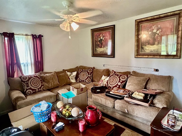 living area featuring a ceiling fan