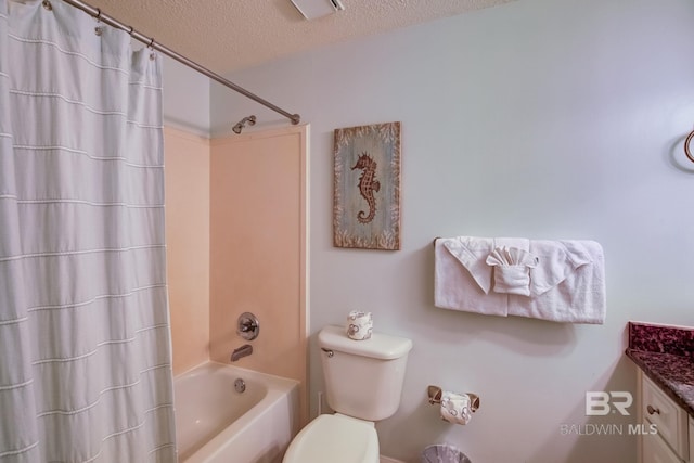 full bathroom featuring vanity, toilet, shower / bathtub combination with curtain, and a textured ceiling