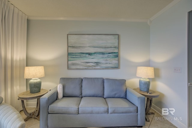 living room featuring crown molding and light tile patterned flooring