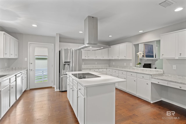 kitchen with white cabinetry, stainless steel appliances, island range hood, a kitchen island, and dark hardwood / wood-style floors