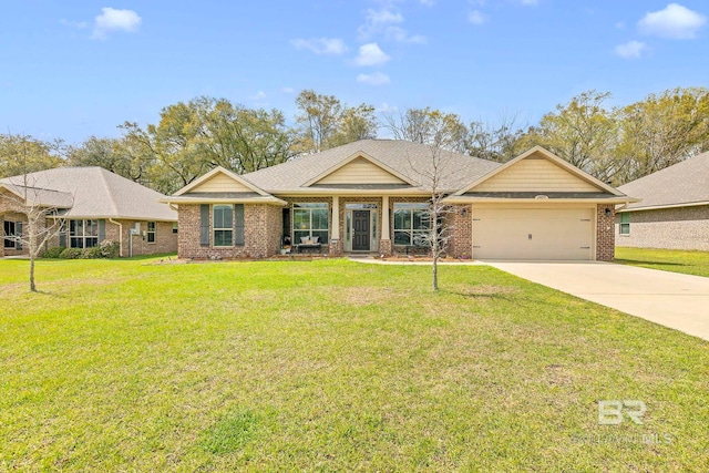 craftsman house with a garage, concrete driveway, a front yard, brick siding, and a shingled roof