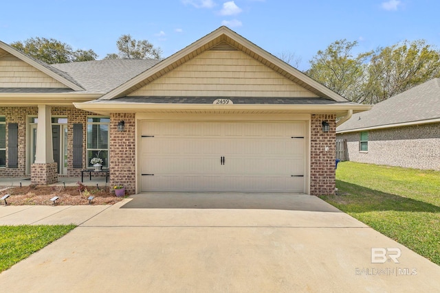 view of front facade featuring brick siding, driveway, a garage, and a shingled roof