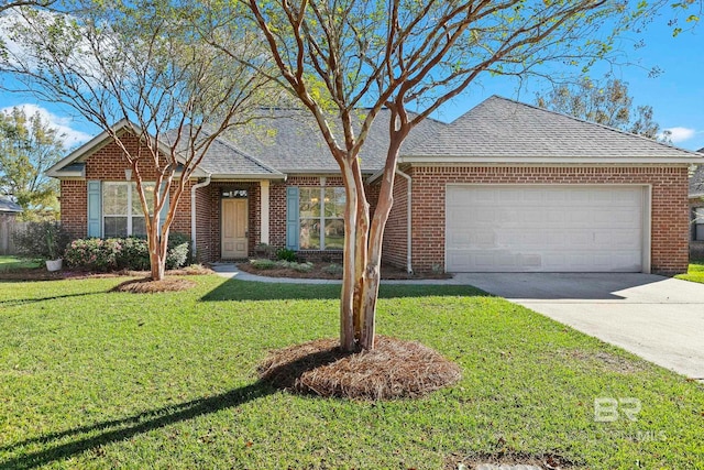 single story home featuring a garage, driveway, a front lawn, and brick siding