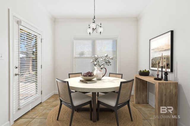 dining area featuring a wealth of natural light, crown molding, baseboards, and an inviting chandelier