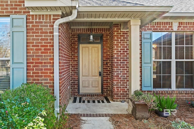 entrance to property with brick siding and roof with shingles