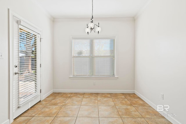 unfurnished dining area featuring plenty of natural light, light tile patterned floors, and an inviting chandelier