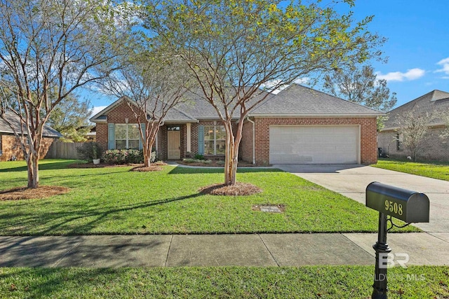 ranch-style house with a shingled roof, concrete driveway, an attached garage, a front yard, and brick siding