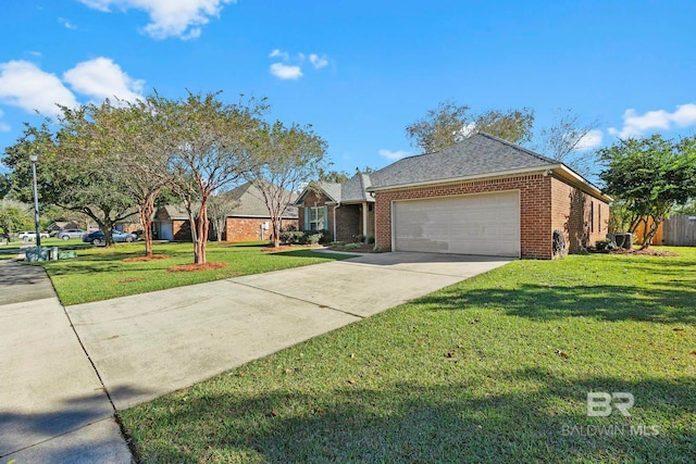 ranch-style house with brick siding, roof with shingles, an attached garage, driveway, and a front lawn