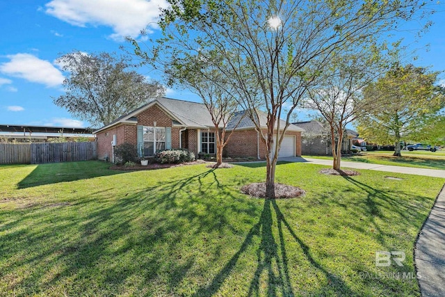 single story home featuring a garage and a front yard