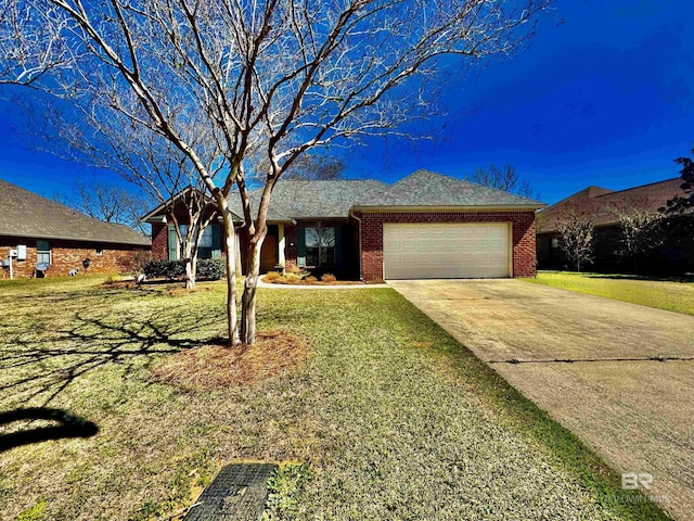 ranch-style house featuring an attached garage, a front lawn, concrete driveway, and brick siding