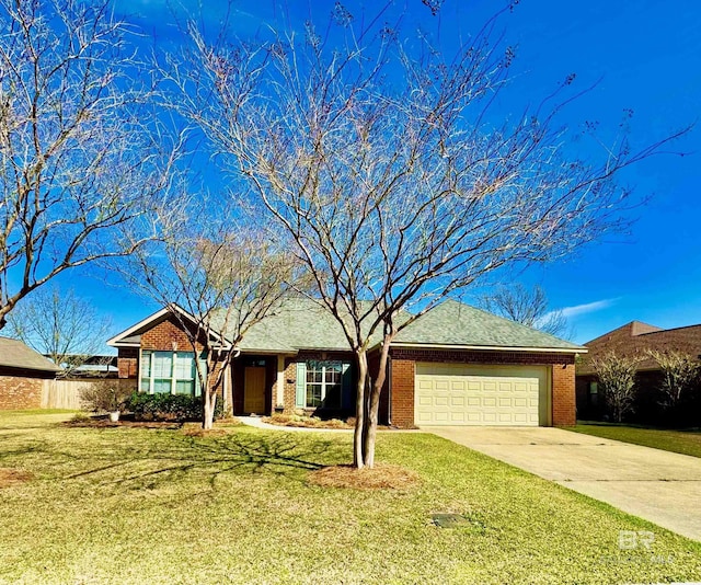 single story home featuring driveway, brick siding, and a front yard