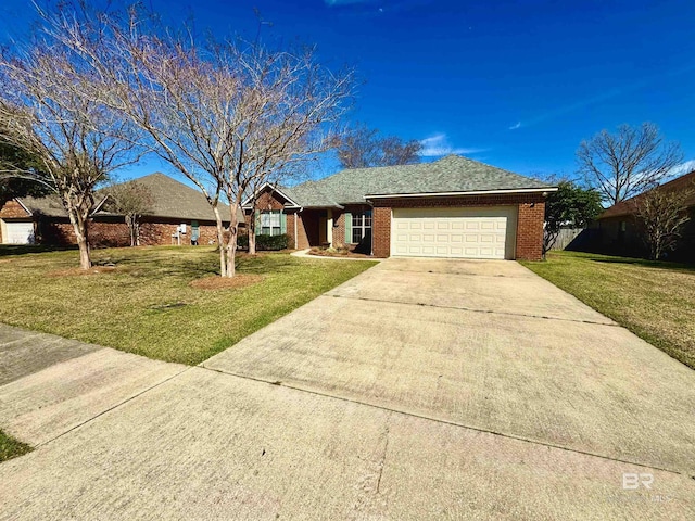 single story home featuring a garage, driveway, a shingled roof, a front lawn, and brick siding