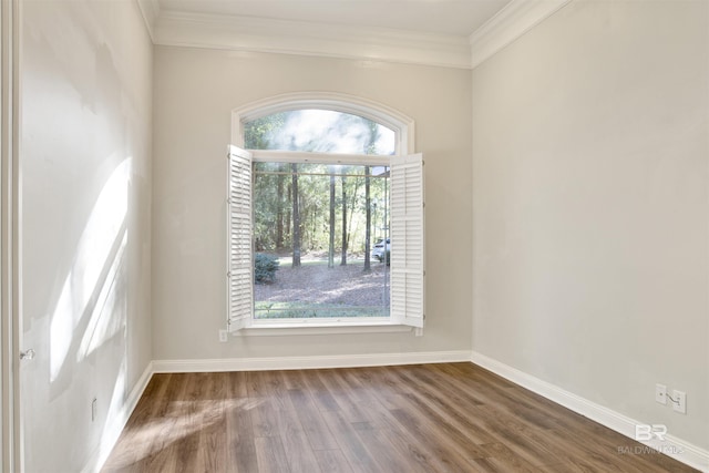 spare room featuring hardwood / wood-style flooring and ornamental molding