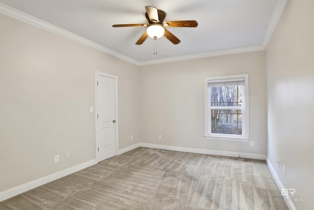 carpeted empty room with ceiling fan and crown molding