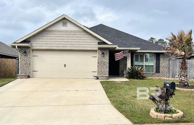 single story home with brick siding, a front lawn, fence, concrete driveway, and a garage