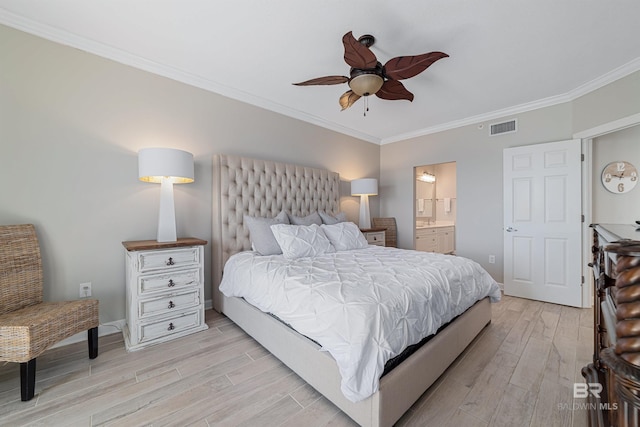 bedroom featuring ceiling fan, ornamental molding, connected bathroom, and light wood-type flooring