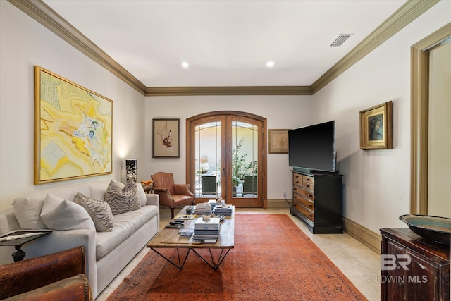 living room featuring light tile patterned flooring, ornamental molding, and french doors