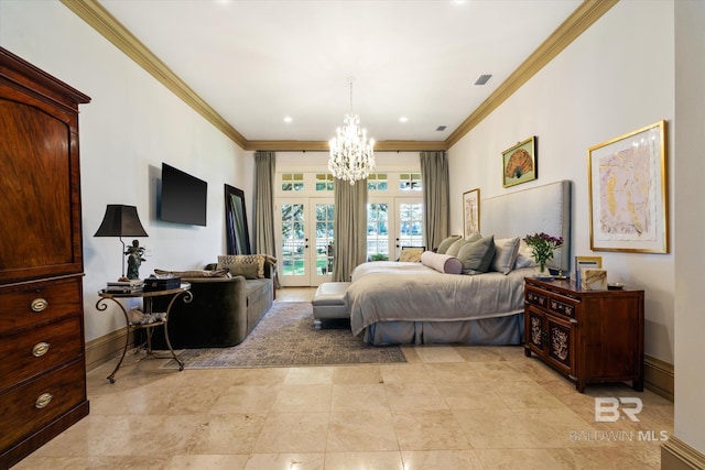 tiled bedroom featuring a notable chandelier, french doors, access to exterior, and ornamental molding