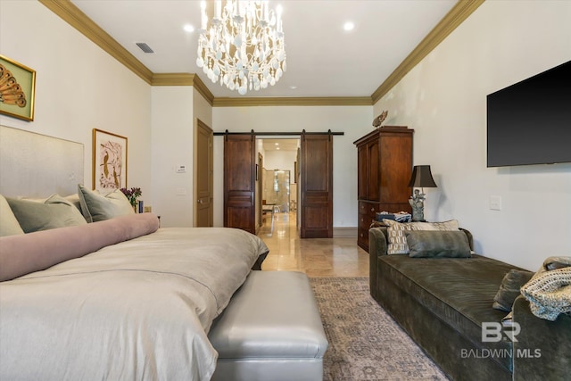 bedroom featuring crown molding, a barn door, a chandelier, and light tile patterned floors