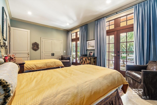 bedroom with crown molding, french doors, and access to exterior