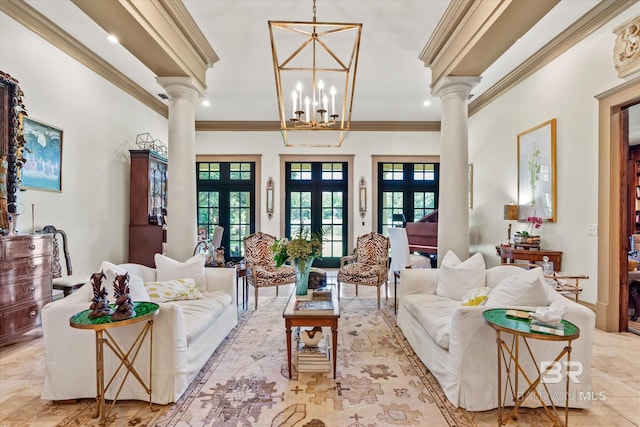 tiled living room featuring ornamental molding, french doors, a chandelier, and ornate columns