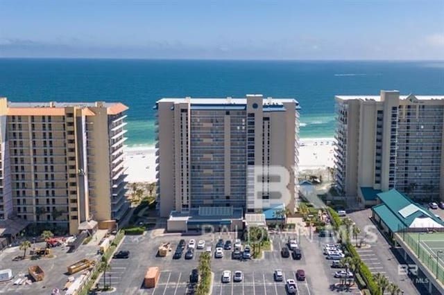 bird's eye view featuring a view of the beach and a water view