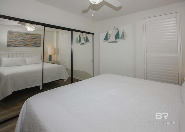 bedroom featuring ceiling fan, dark hardwood / wood-style flooring, and a closet