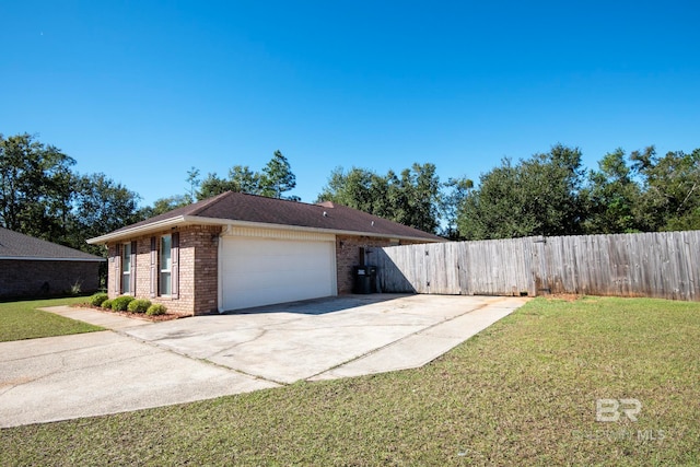 view of property exterior featuring a garage and a lawn