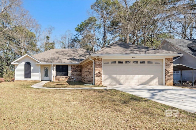 single story home featuring brick siding, a shingled roof, a front lawn, driveway, and an attached garage