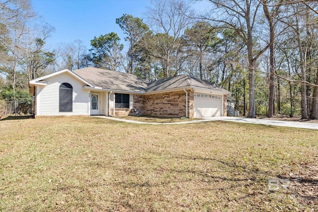 ranch-style house featuring brick siding, an attached garage, concrete driveway, and a front lawn