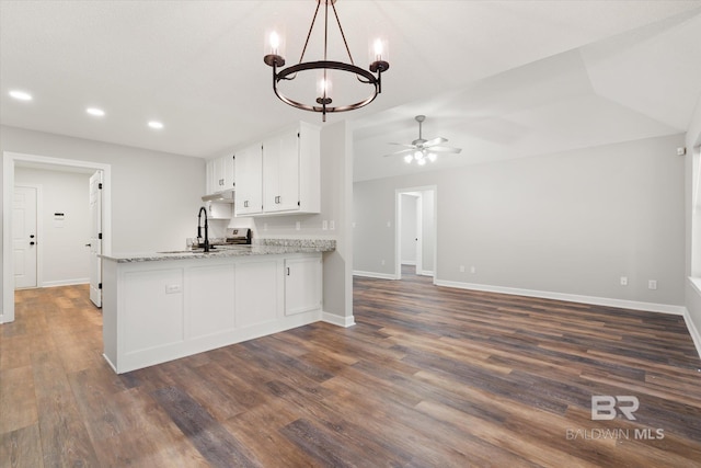 kitchen with under cabinet range hood, open floor plan, dark wood finished floors, white cabinetry, and a peninsula