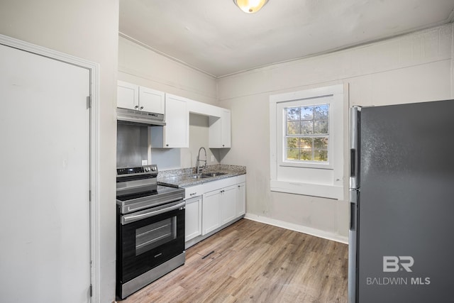 kitchen featuring light stone counters, sink, white cabinetry, stainless steel appliances, and light hardwood / wood-style floors