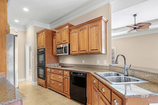 kitchen featuring ceiling fan, sink, crown molding, light tile patterned floors, and black appliances