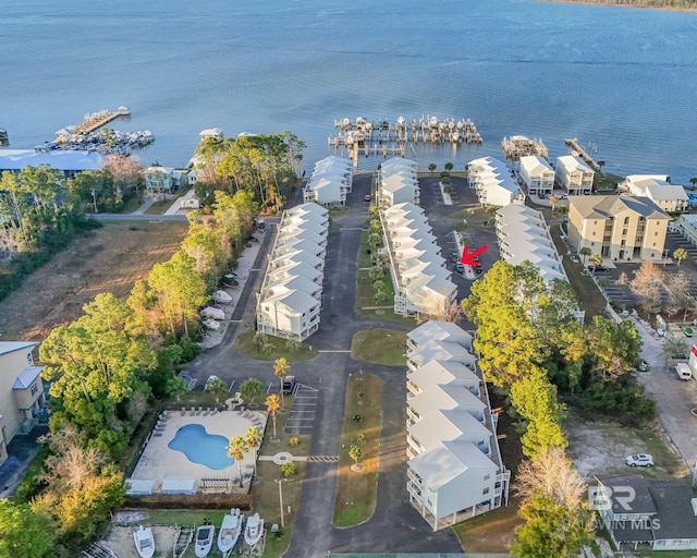 drone / aerial view featuring a water view