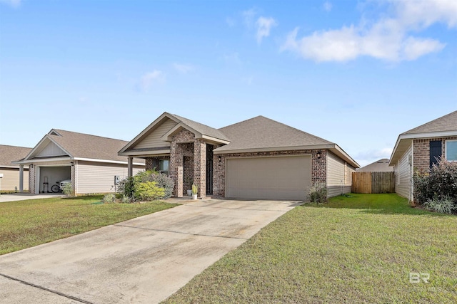 single story home with a garage and a front lawn