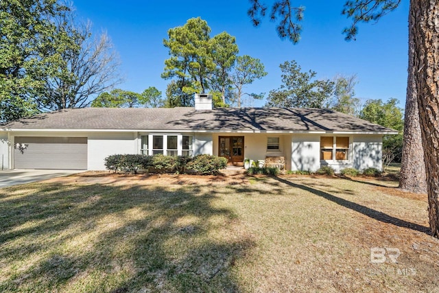 ranch-style house featuring a garage, driveway, stucco siding, a front lawn, and a chimney