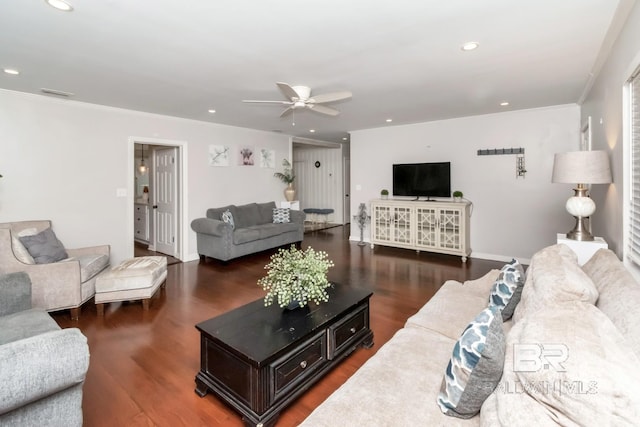 1 Elizabeth Pl, Mobile, AL 36606 - living room with ceiling fan, dark wood finished floors, ornamental molding, and recessed lighting