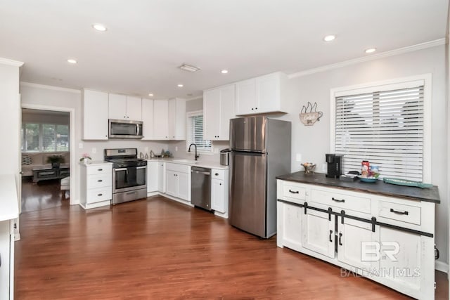 1 Elizabeth Pl, Mobile, AL 36606 - kitchen featuring appliances with stainless steel finishes, ornamental molding, a sink, healthy amount of natural light, and dark wood-style flooring