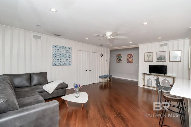 1 Elizabeth Pl, Mobile, AL 36606 - living area with a ceiling fan, wood finished floors, baseboards, recessed lighting, and ornamental molding