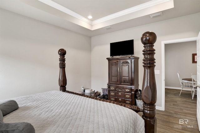 bedroom featuring dark wood-type flooring and a raised ceiling