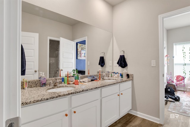 bathroom featuring vanity and hardwood / wood-style flooring