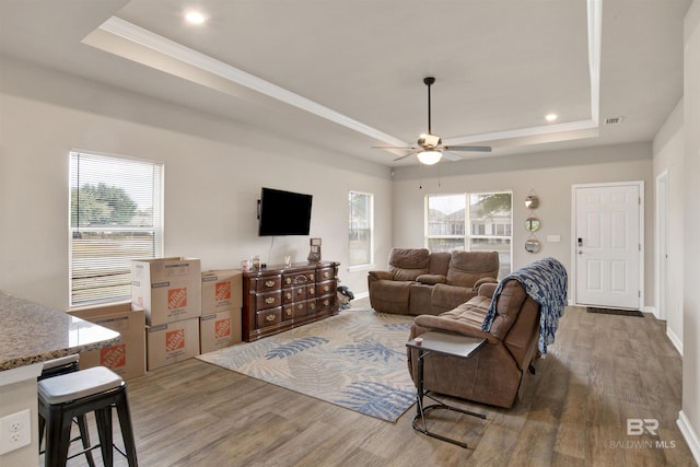 living room with ceiling fan, hardwood / wood-style floors, a wealth of natural light, and a tray ceiling