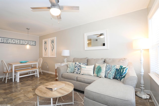 living room featuring ceiling fan